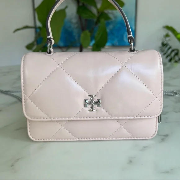 Tory Burch Kira Mini Quilted Leather Top Handle Crossbody Bag w/ Chain Soft Pink
